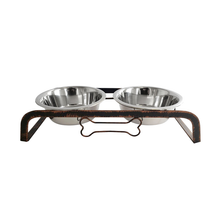 Load image into Gallery viewer, Rustic Dog Bone Feeder with 2 Stainless Steel Dog Bowls
